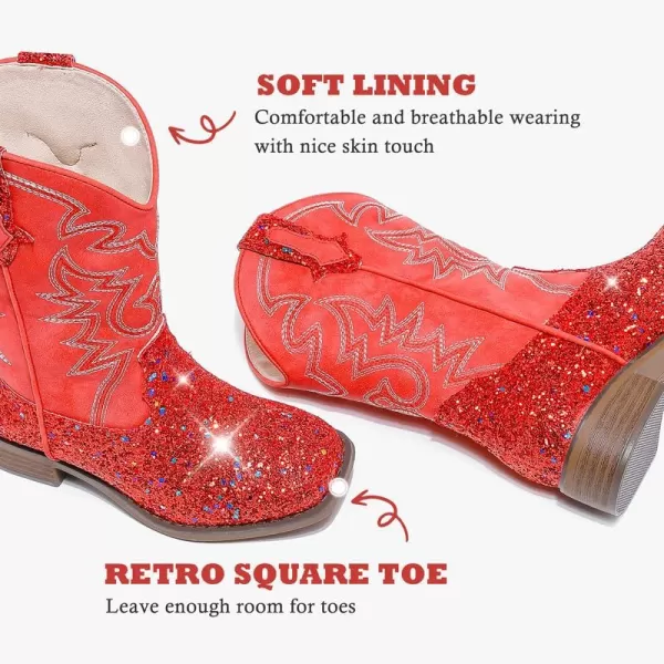 Girls Cowgirl Boots Mid Calf Square Toe Western Boot for Kids Glitter Cowboy Boot in Party for Toddler Little Big Girls Riding ShoesRed Sequins