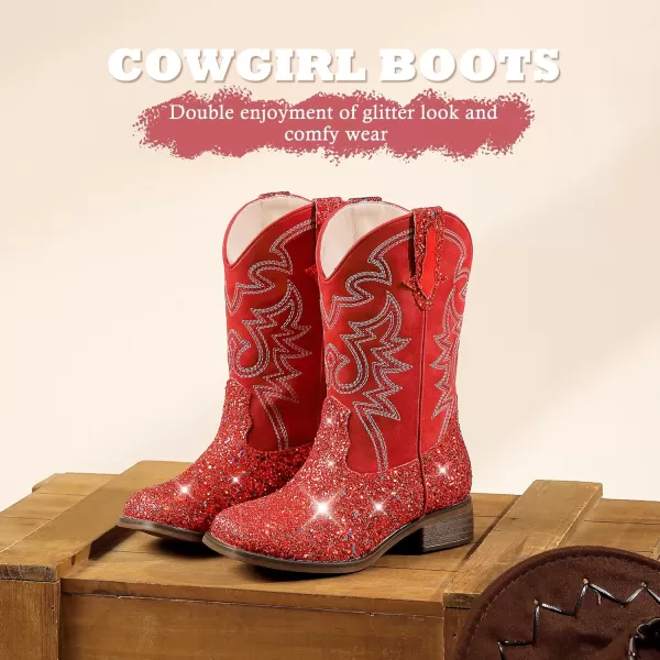 Girls Cowgirl Boots Mid Calf Square Toe Western Boot for Kids Glitter Cowboy Boot in Party for Toddler Little Big Girls Riding ShoesRed Sequins