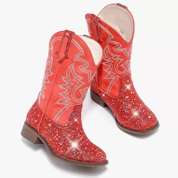 Girls Cowgirl Boots Mid Calf Square Toe Western Boot for Kids Glitter Cowboy Boot in Party for Toddler Little Big Girls Riding ShoesRed Sequins