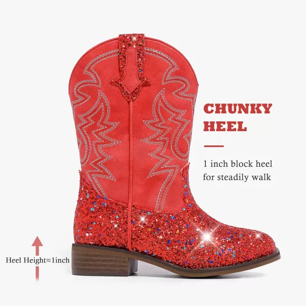Girls Cowgirl Boots Mid Calf Square Toe Western Boot for Kids Glitter Cowboy Boot in Party for Toddler Little Big Girls Riding ShoesRed Sequins