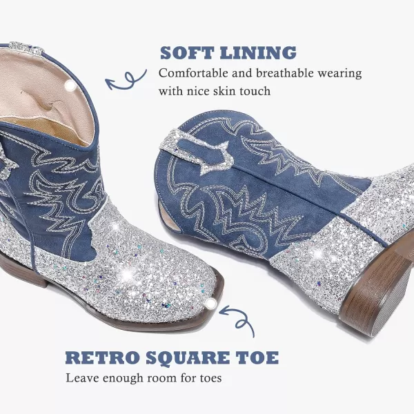 Girls Cowgirl Boots Mid Calf Square Toe Western Boot for Kids Glitter Cowboy Boot in Party for Toddler Little Big Girls Riding ShoesSilver Sequins
