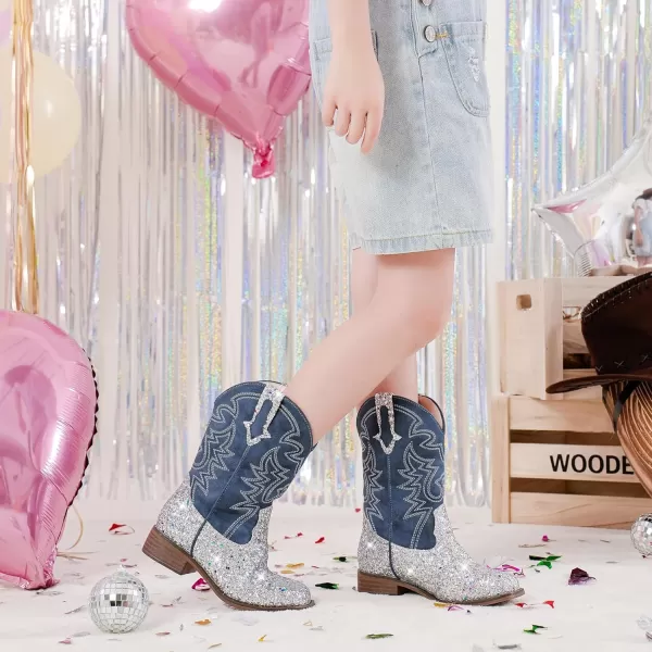 Girls Cowgirl Boots Mid Calf Square Toe Western Boot for Kids Glitter Cowboy Boot in Party for Toddler Little Big Girls Riding ShoesSilver Sequins
