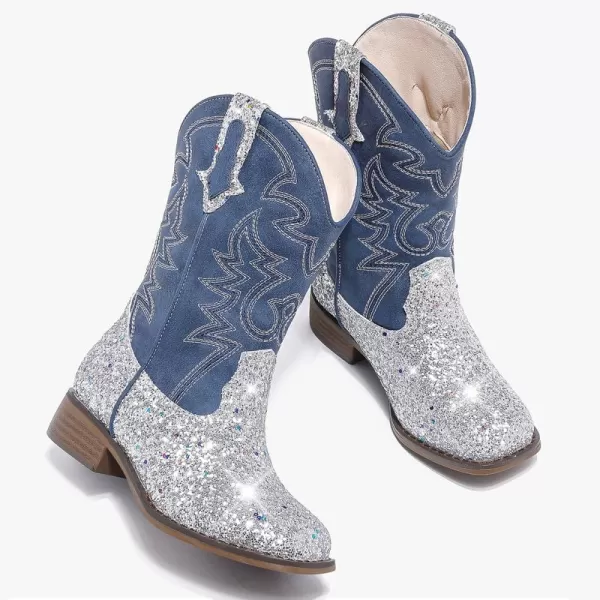 Girls Cowgirl Boots Mid Calf Square Toe Western Boot for Kids Glitter Cowboy Boot in Party for Toddler Little Big Girls Riding ShoesSilver Sequins
