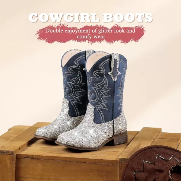 Girls Cowgirl Boots Mid Calf Square Toe Western Boot for Kids Glitter Cowboy Boot in Party for Toddler Little Big Girls Riding ShoesSilver Sequins