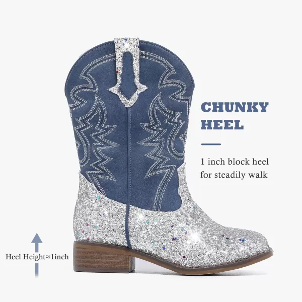 Girls Cowgirl Boots Mid Calf Square Toe Western Boot for Kids Glitter Cowboy Boot in Party for Toddler Little Big Girls Riding ShoesSilver Sequins