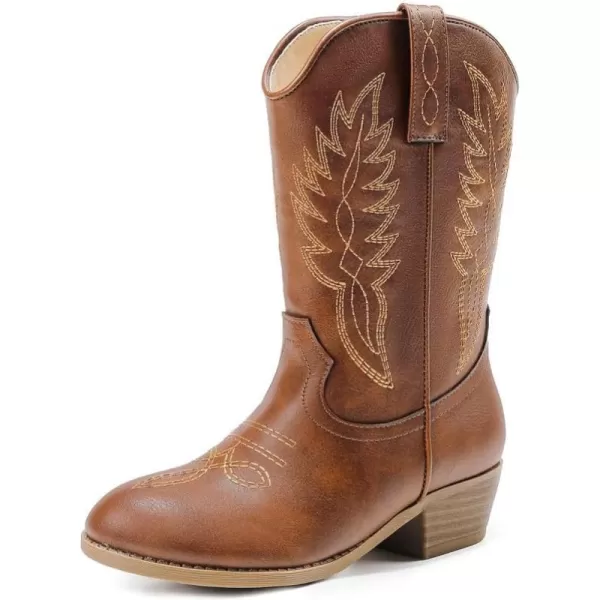 Cowgirl Boots for Little Girls Mid Calf Pointed Toe Kid Cowboy Boots Side Zipper Classic Embroidered Western Boots Horse Riding Shoes Party for Toddler Little Big KidsBrown Pu