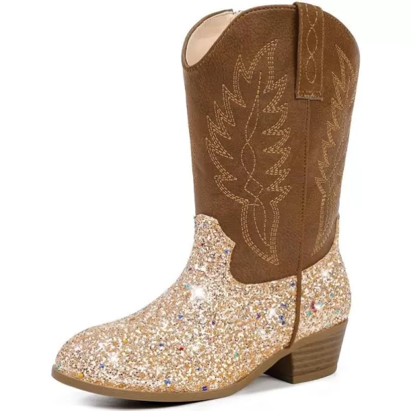 Cowgirl Boots for Little Girls Mid Calf Pointed Toe Kid Cowboy Boots Side Zipper Classic Embroidered Western Boots Horse Riding Shoes Party for Toddler Little Big KidsGold Sequins