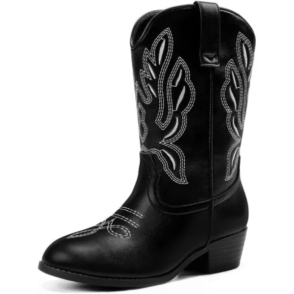 Cowgirl Boots for Little Girls Mid Calf Pointed Toe Kid Cowboy Boots Side Zipper Classic Embroidered Western Boots Horse Riding Shoes Party for Toddler Little Big KidsBlack
