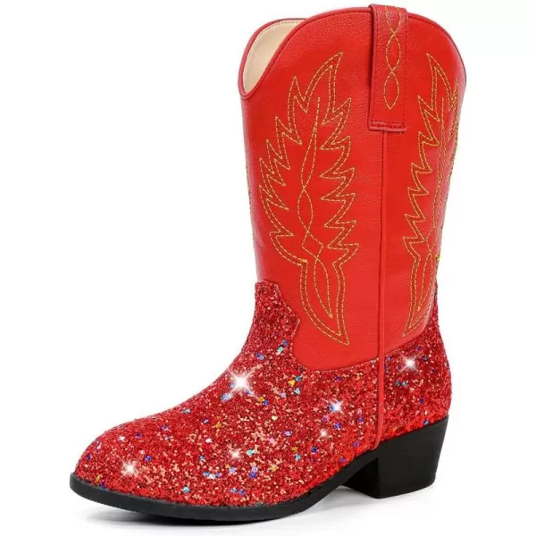 Cowgirl Boots for Little Girls Mid Calf Pointed Toe Kid Cowboy Boots Side Zipper Classic Embroidered Western Boots Horse Riding Shoes Party for Toddler Little Big KidsRed Sequins
