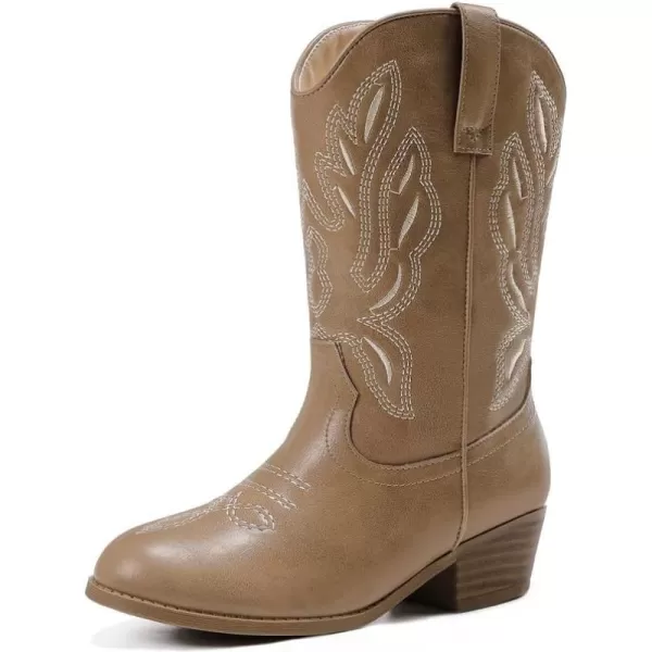 Cowgirl Boots for Little Girls Mid Calf Pointed Toe Kid Cowboy Boots Side Zipper Classic Embroidered Western Boots Horse Riding Shoes Party for Toddler Little Big KidsKhaki