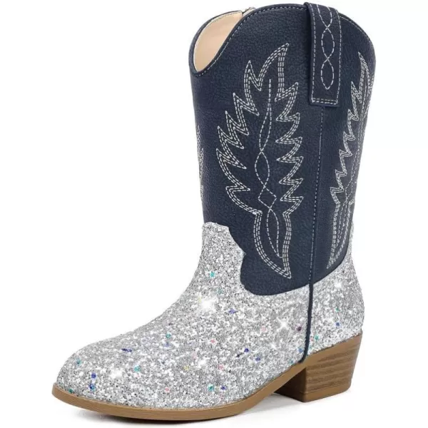 Cowgirl Boots for Little Girls Mid Calf Pointed Toe Kid Cowboy Boots Side Zipper Classic Embroidered Western Boots Horse Riding Shoes Party for Toddler Little Big KidsSilver Sequins
