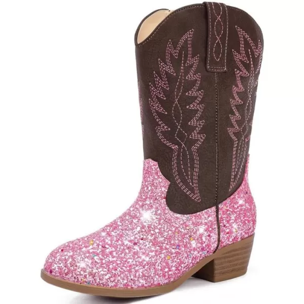 Cowgirl Boots for Little Girls Mid Calf Pointed Toe Kid Cowboy Boots Side Zipper Classic Embroidered Western Boots Horse Riding Shoes Party for Toddler Little Big KidsPink Sequins