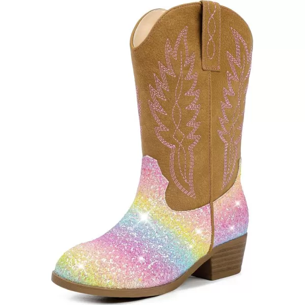 Cowgirl Boots for Little Girls Mid Calf Pointed Toe Kid Cowboy Boots Side Zipper Classic Embroidered Western Boots Horse Riding Shoes Party for Toddler Little Big KidsRainbow Sequins