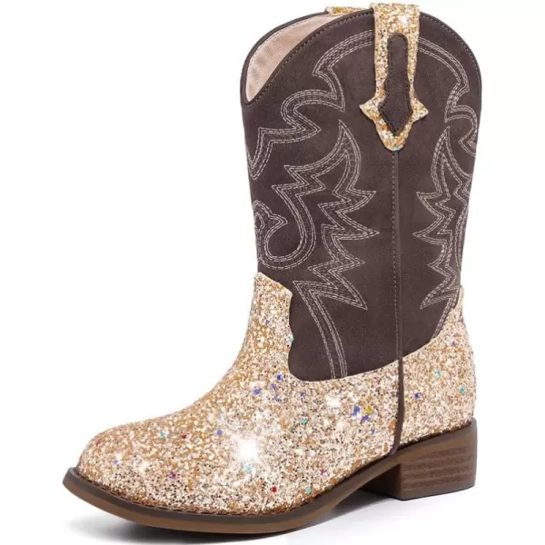 Girls Cowgirl Boots Gold Square Toe Mid Calf Cowboy Boots Sparkly Girls Western Boots Horse Riding Shoes Christmas Birthday Party for Toddler Little Big KidsL1023Gold 3