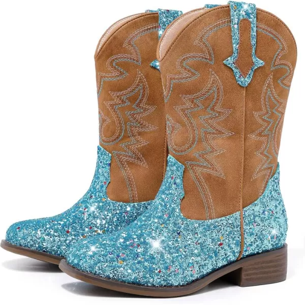 Girls Cowgirl Boots Mid Calf Square Toe Western Boot for Kids Glitter Cowboy Boot in Party for Toddler Little Big Girls Riding ShoesBlue Sequins