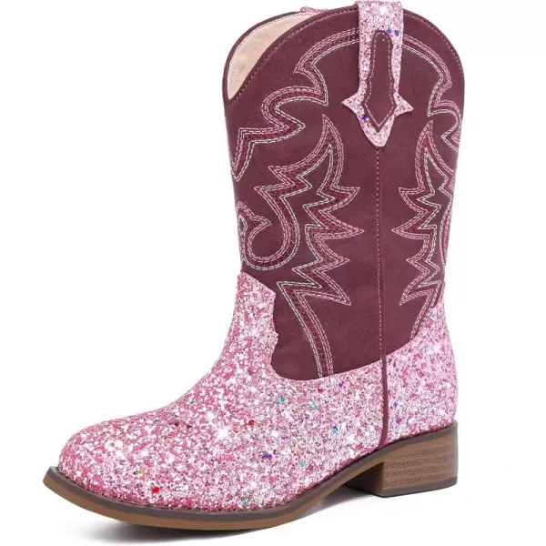 Girls Cowgirl Boots Mid Calf Square Toe Western Boot for Kids Glitter Cowboy Boot in Party for Toddler Little Big Girls Riding ShoesPink Sequin