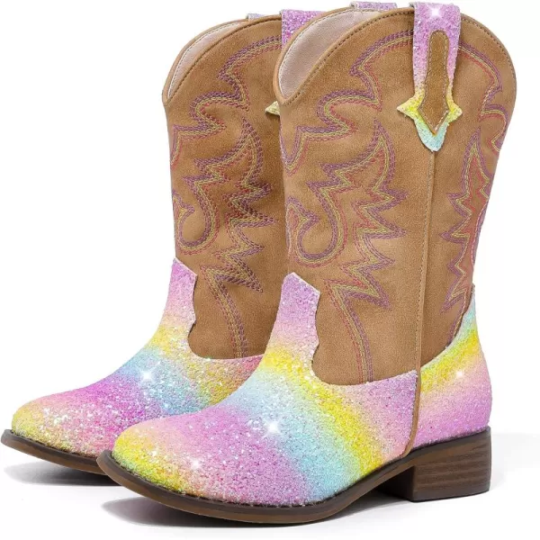 Girls Cowgirl Boots Mid Calf Square Toe Western Boot for Kids Glitter Cowboy Boot in Party for Toddler Little Big Girls Riding ShoesRainbow Sequins