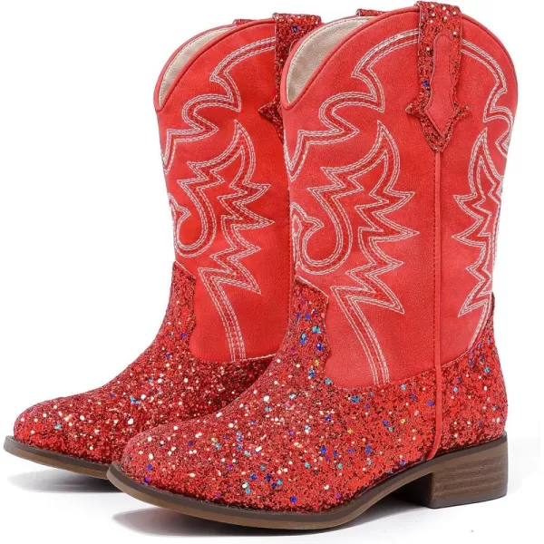 Girls Cowgirl Boots Mid Calf Square Toe Western Boot for Kids Glitter Cowboy Boot in Party for Toddler Little Big Girls Riding ShoesRed Sequins