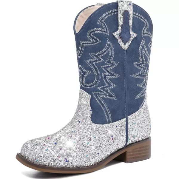 Girls Cowgirl Boots Mid Calf Square Toe Western Boot for Kids Glitter Cowboy Boot in Party for Toddler Little Big Girls Riding ShoesSilver Sequins
