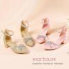 imageGirls Sandals Closed Toe High Heels Pointed Toe Ankle Strap Pumps Flower Girl Dressy Shoes in Wedding Party Cute Bowknot Chunky Block Heeled for Little Big KidsRhinestone Satin Pink