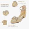 imageGirls Sandals Closed Toe High Heels Pointed Toe Ankle Strap Pumps Flower Girl Dressy Shoes in Wedding Party Cute Bowknot Chunky Block Heeled for Little Big KidsRhinestone Shimmer Gold