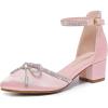 imageGirls Sandals Closed Toe High Heels Pointed Toe Ankle Strap Pumps Flower Girl Dressy Shoes in Wedding Party Cute Bowknot Chunky Block Heeled for Little Big KidsRhinestone Satin Pink