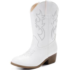 imageGirls Cowboy Boots Western Mid Calf Pointed Toe Kids Cowgirl Boots Embroidered Side Zipper Girls Horse Riding Boots Country Party for Toddler Little Big KidsWhite Embroidery