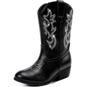 imageGirls Cowboy Boots Western Mid Calf Pointed Toe Kids Cowgirl Boots Embroidered Side Zipper Girls Horse Riding Boots Country Party for Toddler Little Big KidsBlack Rhinestone