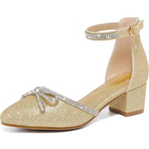imageGirls Sandals Closed Toe High Heels Pointed Toe Ankle Strap Pumps Flower Girl Dressy Shoes in Wedding Party Cute Bowknot Chunky Block Heeled for Little Big KidsRhinestone Shimmer Gold