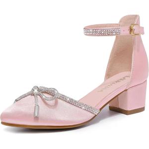 imageGirls Sandals Closed Toe High Heels Pointed Toe Ankle Strap Pumps Flower Girl Dressy Shoes in Wedding Party Cute Bowknot Chunky Block Heeled for Little Big KidsRhinestone Satin Pink