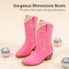 imageGirls Cowboy Boots Pull On Cowgirl Boots Pointed Toe Mid Calf Western Boots for Little Kid Big KidRhinestone Fuchsia