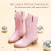 imageGirls Cowboy Boots Pull On Cowgirl Boots Pointed Toe Mid Calf Western Boots for Little Kid Big KidRhinestone Pink