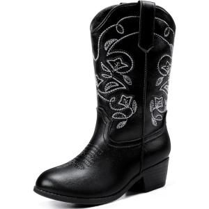 imageCowgirl Boots for Girls Mid Calf Youth Girl Cowboy Western Boots Pointed Toe Embroidered for Horse Riding Country Party Toddler Little Big KidsBlack