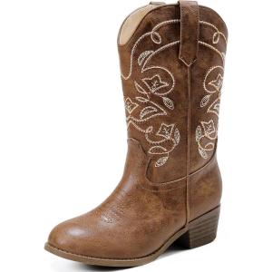 imageCowgirl Boots for Girls Mid Calf Youth Girl Cowboy Western Boots Pointed Toe Embroidered for Horse Riding Country Party Toddler Little Big KidsBrown
