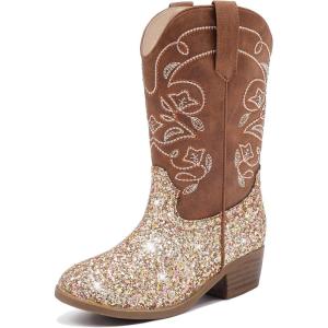 imageCowgirl Boots for Girls Mid Calf Youth Girl Cowboy Western Boots Pointed Toe Embroidered for Horse Riding Country Party Toddler Little Big KidsBrown Sequins