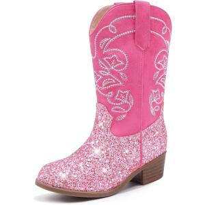 imageCowgirl Boots for Girls Mid Calf Youth Girl Cowboy Western Boots Pointed Toe Embroidered for Horse Riding Country Party Toddler Little Big KidsPink Sequins