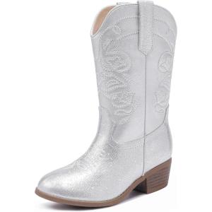 imageCowgirl Boots for Girls Mid Calf Youth Girl Cowboy Western Boots Pointed Toe Embroidered for Horse Riding Country Party Toddler Little Big KidsSilver