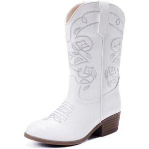 imageCowgirl Boots for Girls Mid Calf Youth Girl Cowboy Western Boots Pointed Toe Embroidered for Horse Riding Country Party Toddler Little Big KidsWhite
