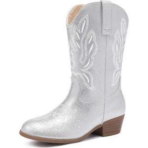 imageCowgirl Boots for Little Girls Mid Calf Pointed Toe Kid Cowboy Boots Side Zipper Classic Embroidered Western Boots Horse Riding Shoes Party for Toddler Little Big KidsSilver