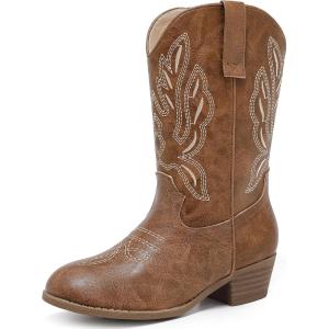 imageCowgirl Boots for Little Girls Mid Calf Pointed Toe Kid Cowboy Boots Side Zipper Classic Embroidered Western Boots Horse Riding Shoes Party for Toddler Little Big KidsLight Brown