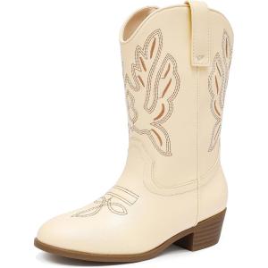 imageCowgirl Boots for Little Girls Mid Calf Pointed Toe Kid Cowboy Boots Side Zipper Classic Embroidered Western Boots Horse Riding Shoes Party for Toddler Little Big KidsBeige