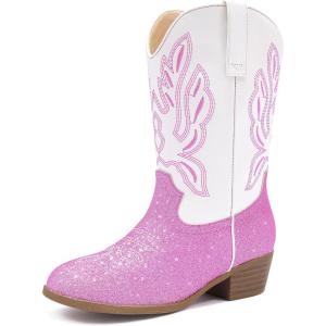 imageCowgirl Boots for Little Girls Mid Calf Pointed Toe Kid Cowboy Boots Side Zipper Classic Embroidered Western Boots Horse Riding Shoes Party for Toddler Little Big KidsPink White