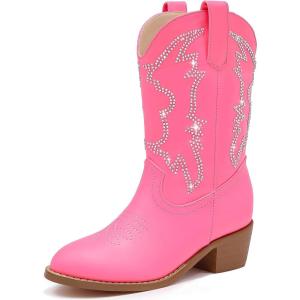 imageGirls Cowboy Boots Pull On Cowgirl Boots Pointed Toe Mid Calf Western Boots for Little Kid Big KidRhinestone Fuchsia