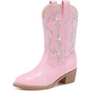 imageGirls Cowboy Boots Pull On Cowgirl Boots Pointed Toe Mid Calf Western Boots for Little Kid Big KidRhinestone Pink