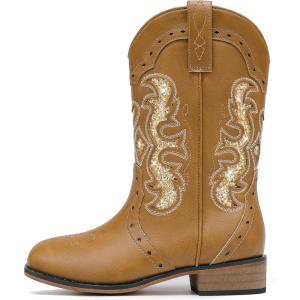 imageKids Cowgirl Boots for Girls Western Square Toe Girls Sparkle Boots Zipper Mid Calf Low Heel Horse Riding for Toddler Little Big KidsKhaki Gold