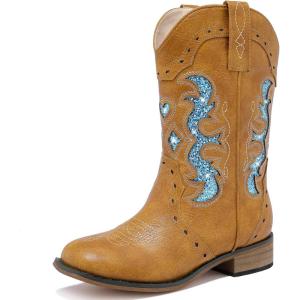 imageKids Cowgirl Boots for Girls Western Square Toe Girls Sparkle Boots Zipper Mid Calf Low Heel Horse Riding for Toddler Little Big KidsTan Blue