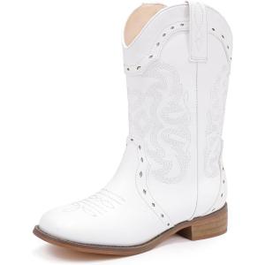 imageKids Cowgirl Boots for Girls Western Square Toe Girls Sparkle Boots Zipper Mid Calf Low Heel Horse Riding for Toddler Little Big KidsWhite