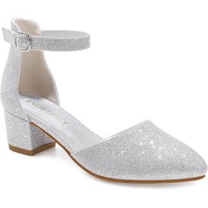 imageLittle Girls Sandals Closed Toe High Heels Formal Dress Shoes Ankle Strap Pointed Toe Heeled for Little Big Kids in Wedding Party Block Chunky Pump ShoesClassic Shimmer Silver