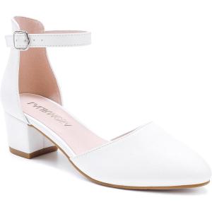 imageLittle Girls Sandals Closed Toe High Heels Formal Dress Shoes Ankle Strap Pointed Toe Heeled for Little Big Kids in Wedding Party Block Chunky Pump ShoesClassic Pu White