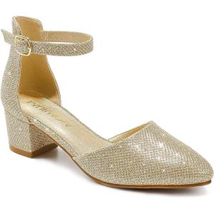imageLittle Girls Sandals Closed Toe High Heels Formal Dress Shoes Ankle Strap Pointed Toe Heeled for Little Big Kids in Wedding Party Block Chunky Pump ShoesClassic Glitter Gold